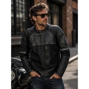 First Racing Mens Black Leather Mesh Motorcycle Jacket XXL Cafe Racer Moto